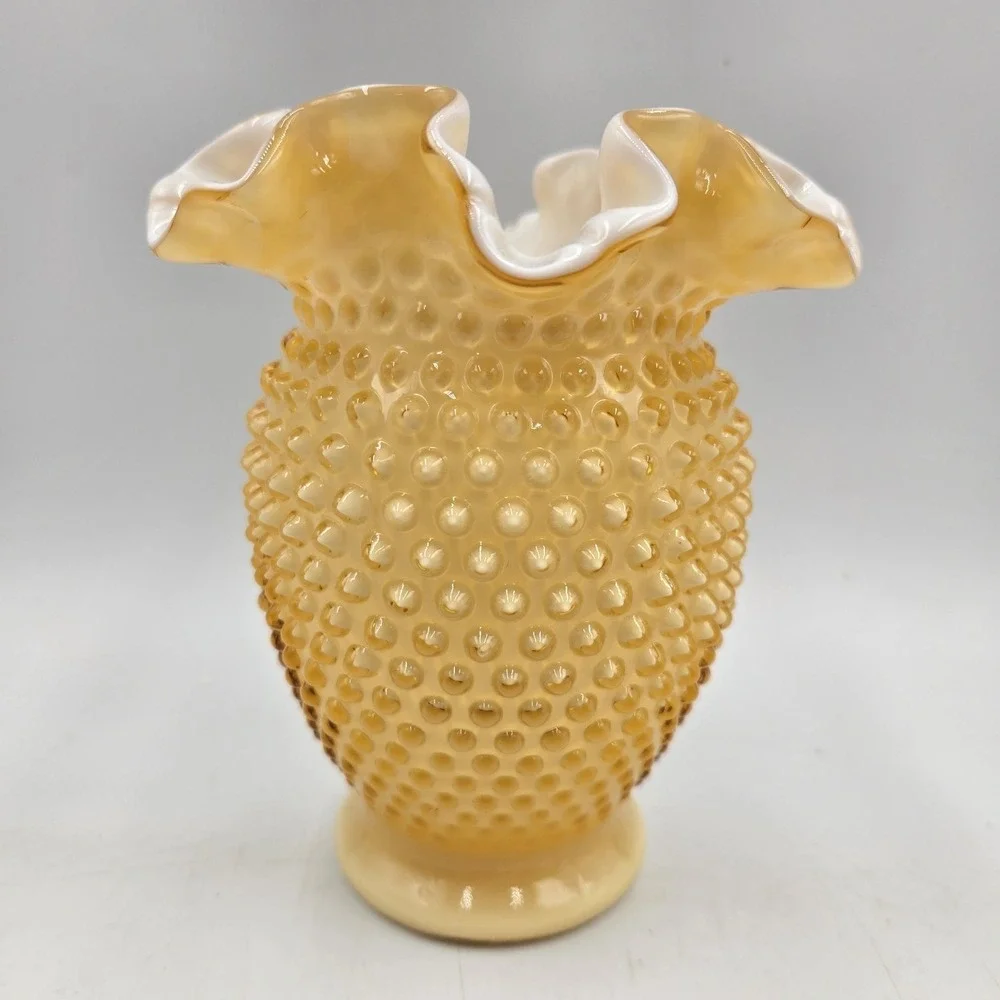 Stunning Vintage Fenton Ruffled Honey Amber Overlay English Hobnail Vase 6.25